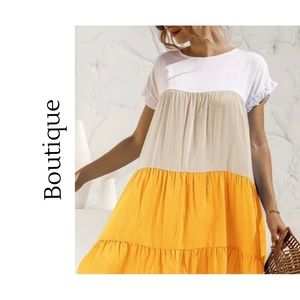 Boutique Colorblock Tiered Midi Dress in White, Cream & Yellow